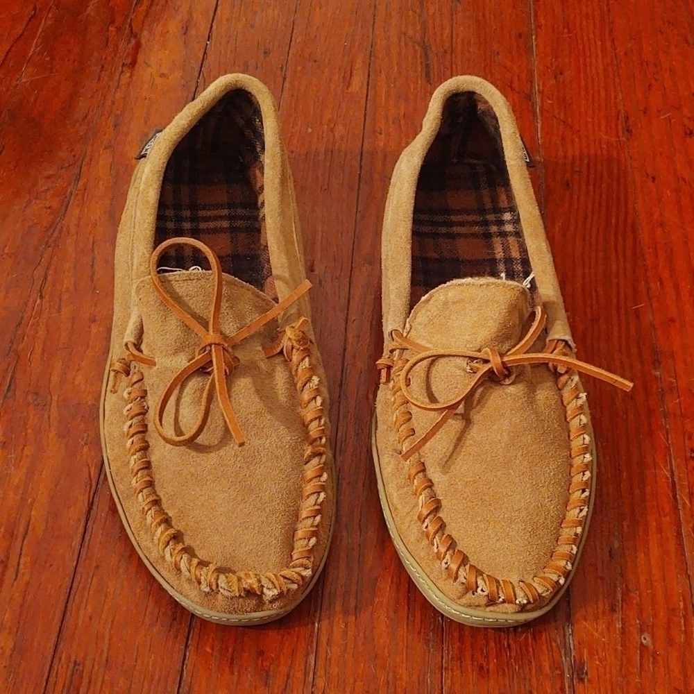 Green Leather / Suede Tan Moccasins with Flannel Lining Sz 12